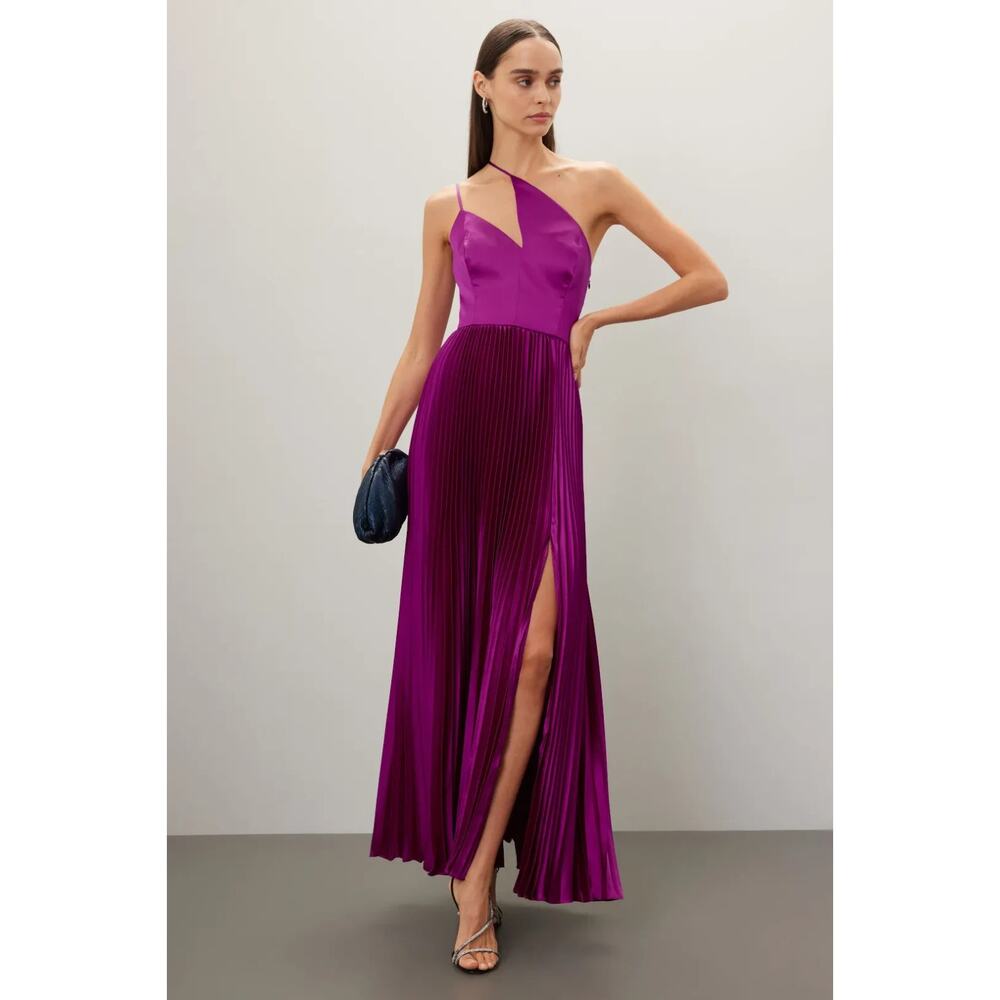 AMUR Purple Satin Khari One Shoulder Gown Cutout Elegant Dress, Sz 0, Rt $698